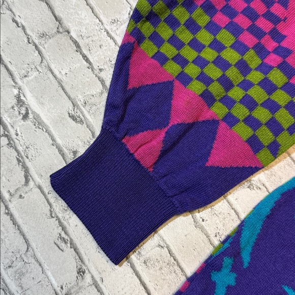 VINTAGE Vittorio Rocchetti mens L Large purple crazy 80s cotton crewneck sweater - Picture 3 of 6